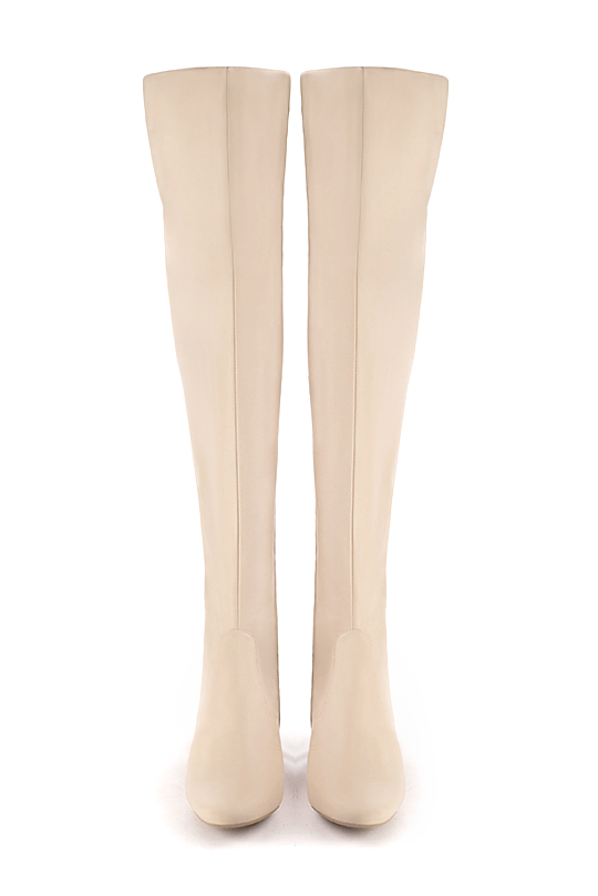 Custom-made women's champagne white stretch elegant thigh-high boots. Round toe. Low flare heels - Top view